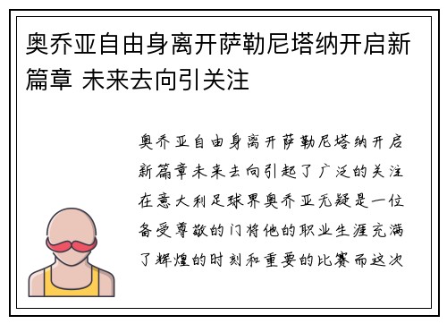 奥乔亚自由身离开萨勒尼塔纳开启新篇章 未来去向引关注