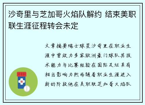 沙奇里与芝加哥火焰队解约 结束美职联生涯征程转会未定